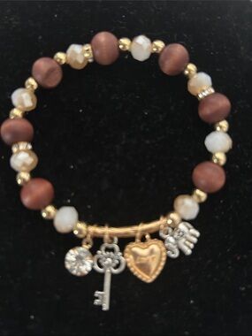 Gold and Brown Beaded Charm Bracelet with Cream Beads (SOLD)